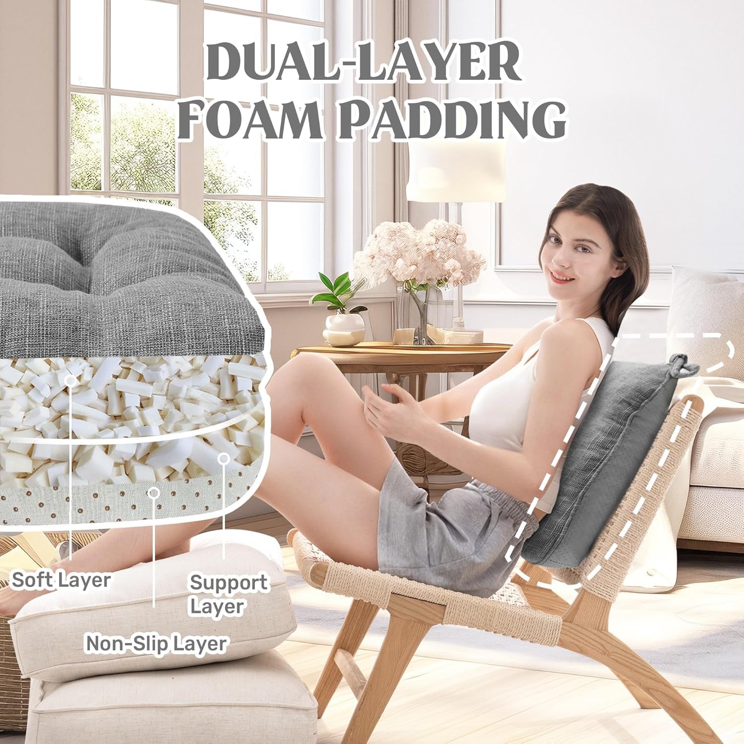 ® Chair Cushions for Dining Chairs, Tufted Memory Foam Chair Pads with Non-Slip Backing, Kitchen Seat Cushions with Ties, Washable Seat Pad Set of 4, 15.5" X 15.5" X 4", Dark Grey