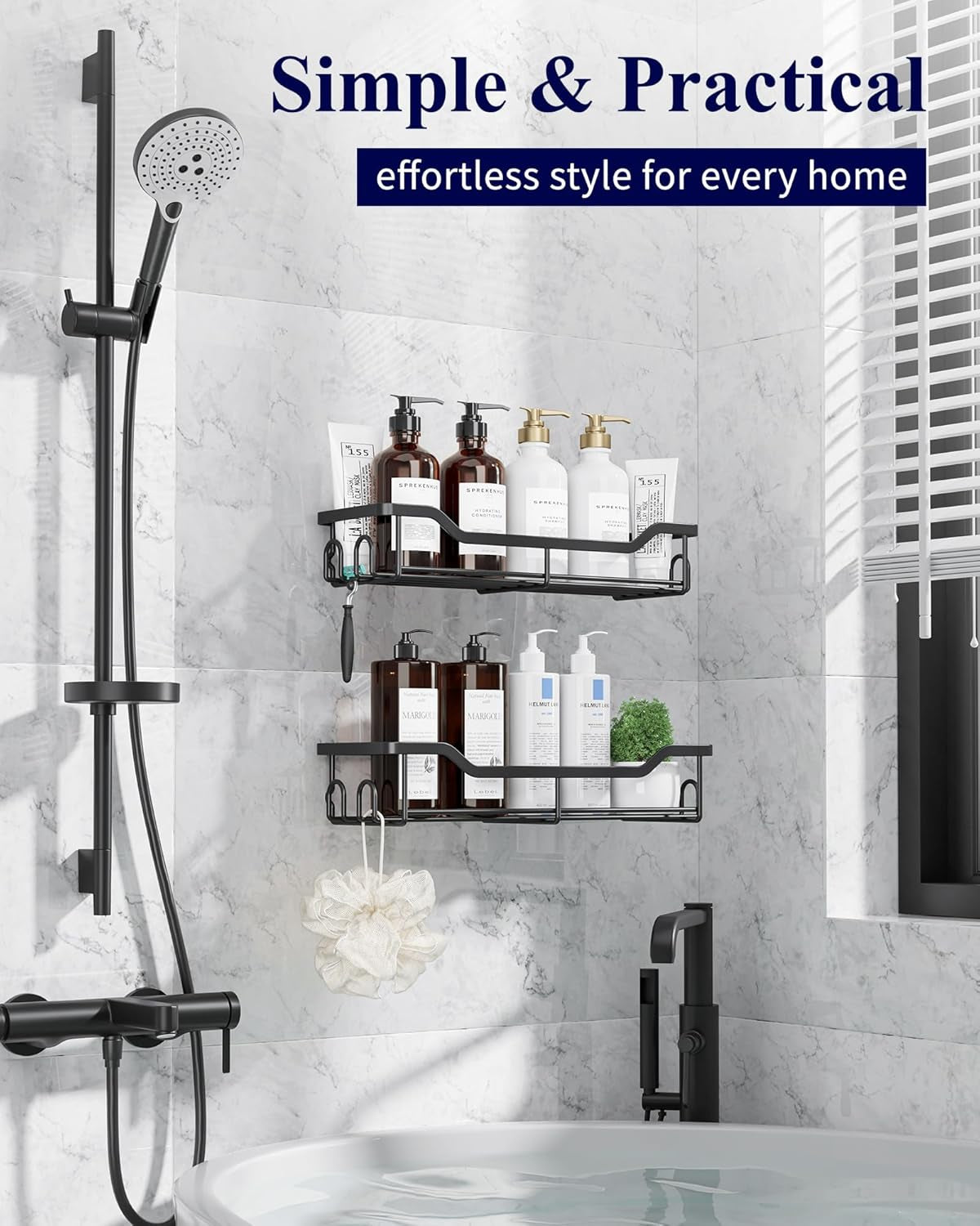 Shower Caddy Large - Adhesive Shower Organizer, Stainless Steel Shelf for inside Shower, No Drill Bathroom Organizers and Storage, Home Decor Accessories, 2 Pack, Black