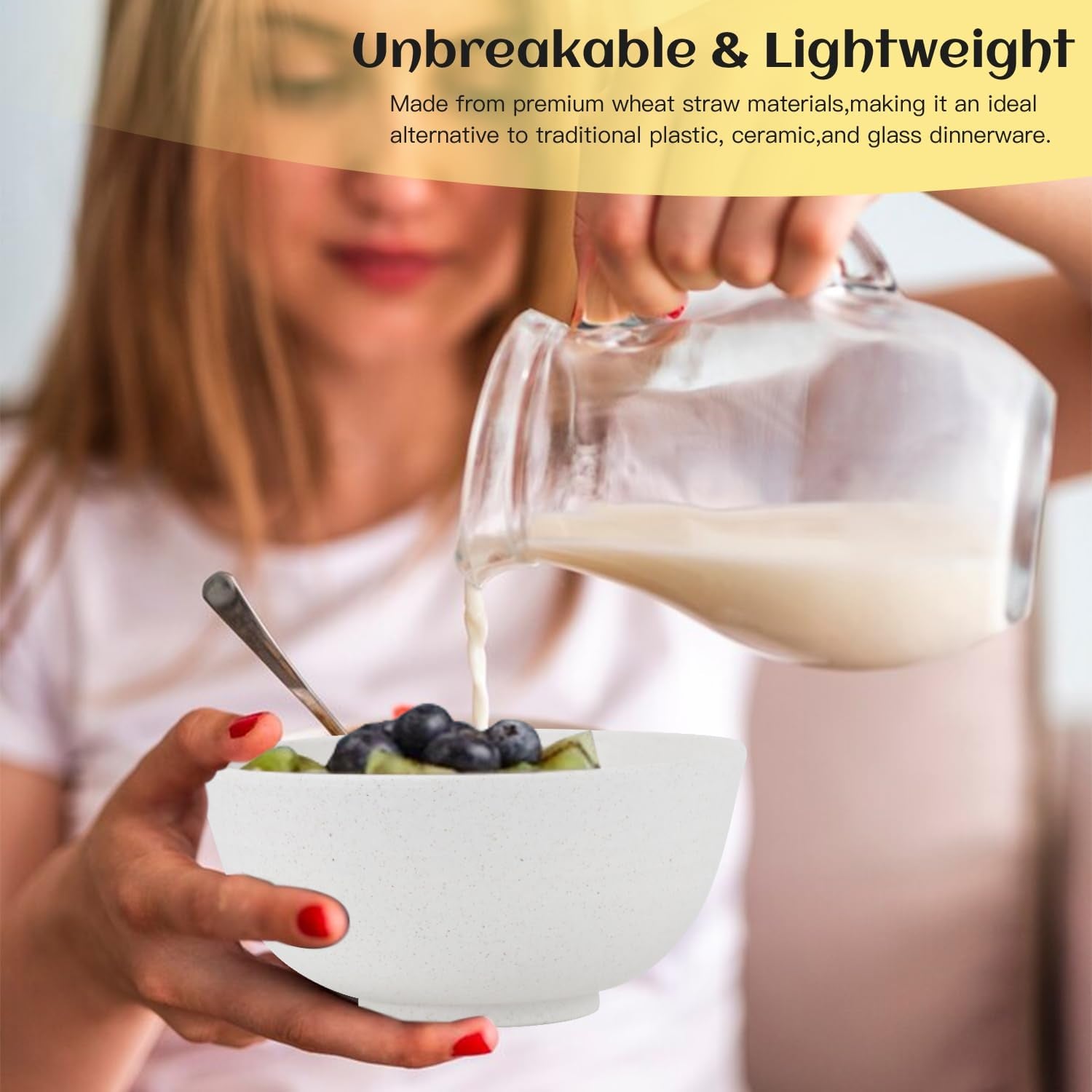 Wheat Straw 40-Piece Dinnerware Set for 8 - Includes Dinner Plates, Dessert Plates, Cereal Bowls, Cups, and Appetizer Plates - Reusable White Dish Set for Kids and Adults