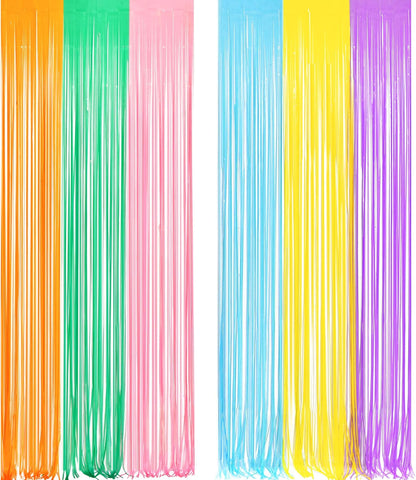 Pastel Foil Fringe Curtains 2 Packs and Iridescent Party Table Cloths 2 Packs for Party Backdrop Decorations
