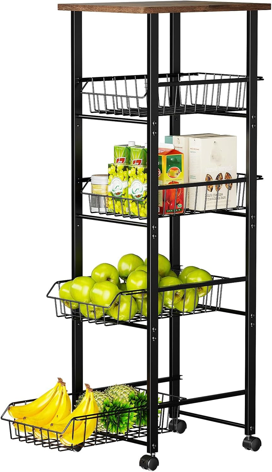 Fruit Vegetable Basket for Kitchen,5 Tier Kitchen Organizer and Storage Cart with Wheels,Slide-Out Baskets and Wood Top,Pantry Storage Cart W11-4/5*D16-7/16*H42-7/16