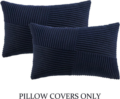 Set of 2 Navy Blue Boho Lumbar Rectangle Decorative Throw Pillow Covers 12X20 Inch with Diagonally Pattern for Couch Bed Sofa, Soft Corduroy Accent Modern Farmhouse Home Decor 30X50 Cm