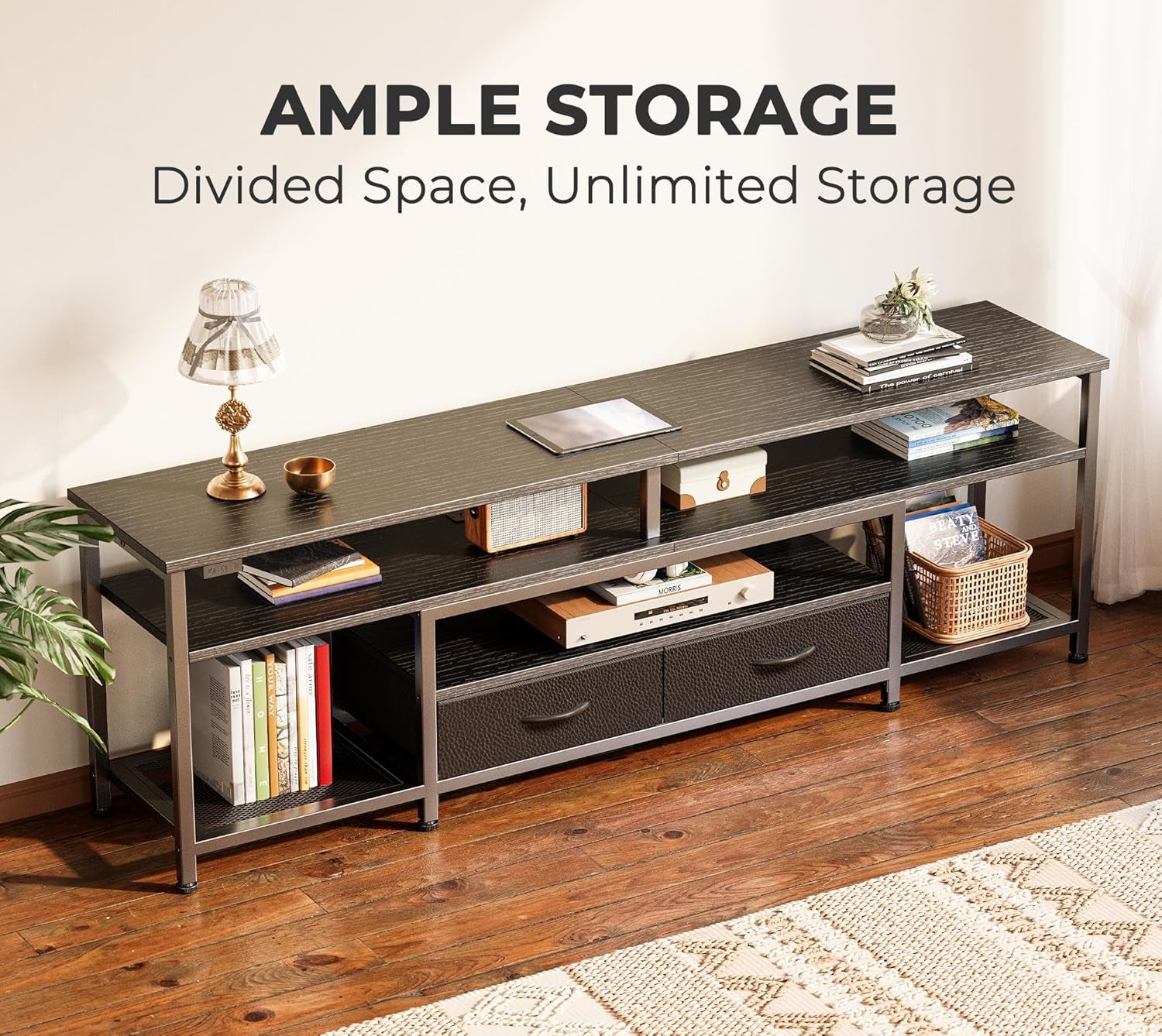 Elegant TV Stand for 65-70 Inch TVs with Integrated Power Outlets and LED Lighting, Stylish Media Console for Living Room with Drawers and Shelves, Black Finish