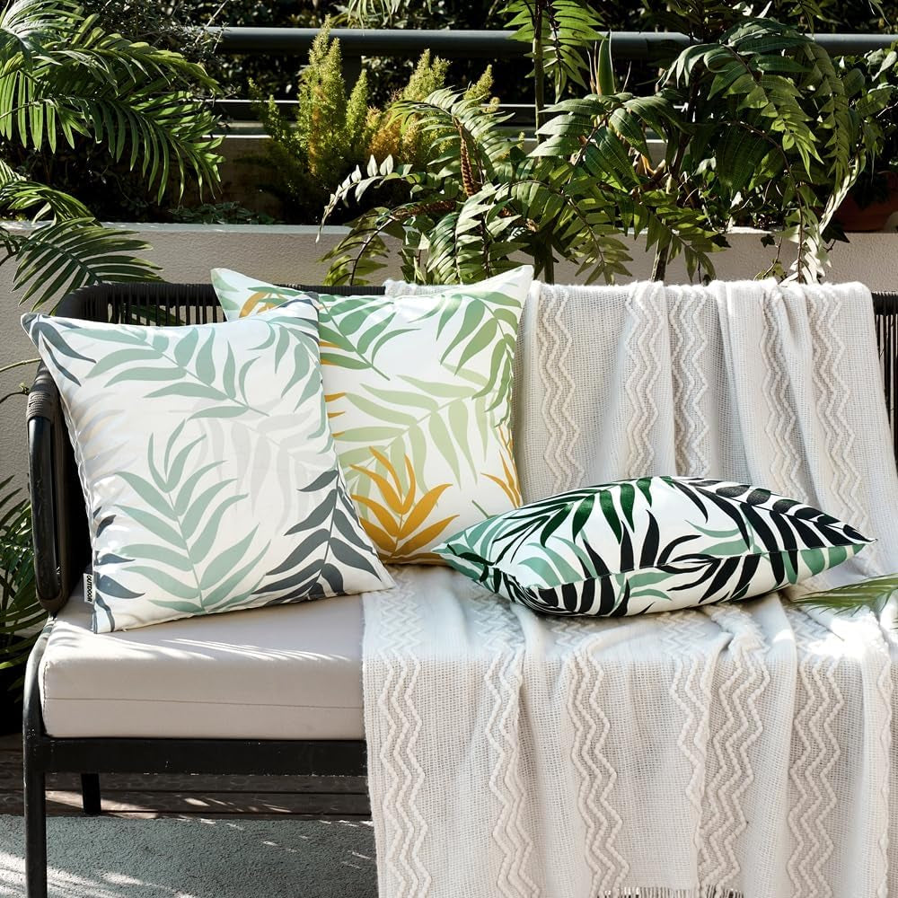 Pack of 2 Decorative Outdoor Waterproof Throw Pillow Covers Patio Pillow Cases Natural Leaves Pattern Spring Square Cushion Shams Shell for Garden Balcony Couch 16X16 Inch, Green&Yellow