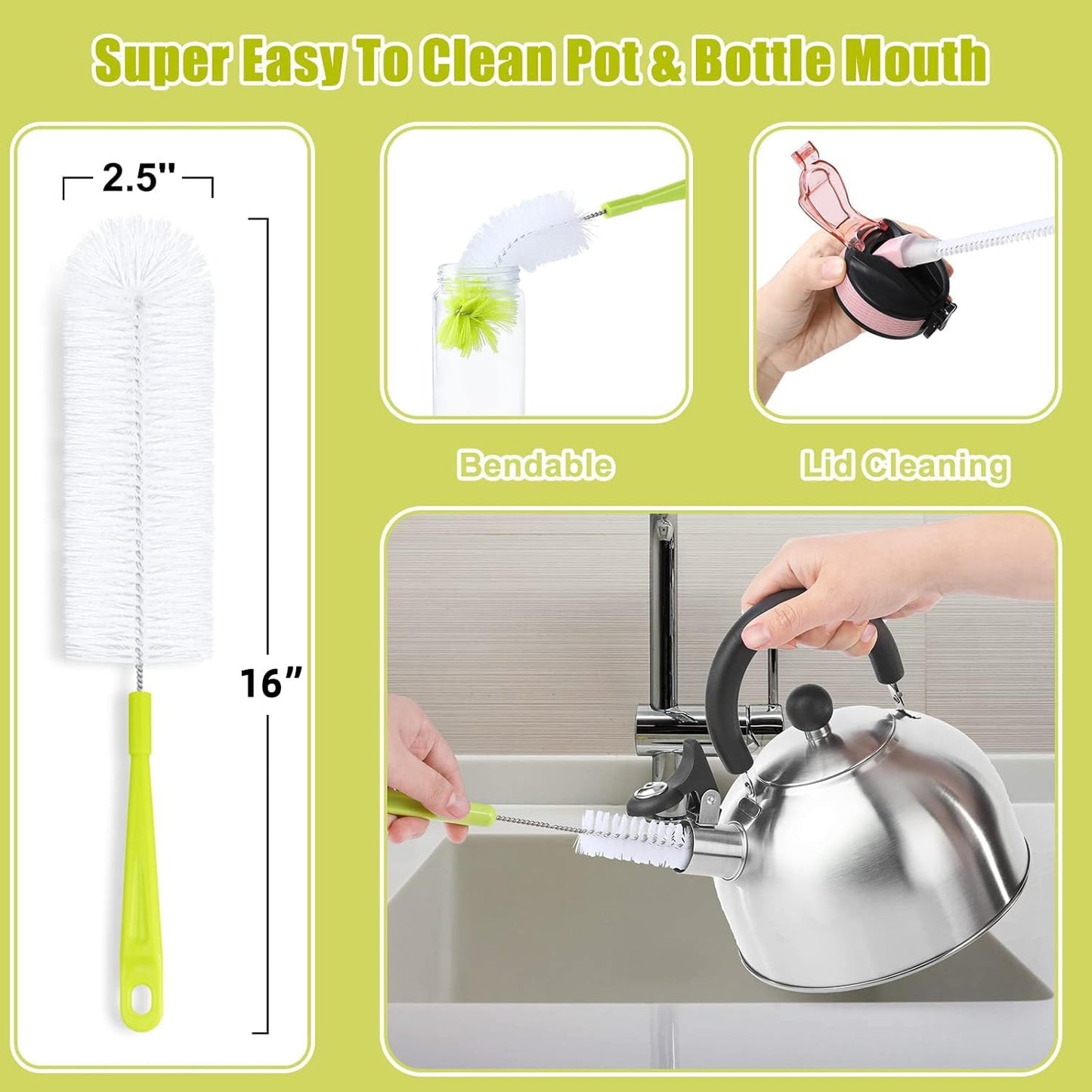 Bottle Cleaning Brush Set - Long Handle Bottle Cleaner for Washing Narrow Neck Beer Bottles, Sports Water Bottles with Straw Brush, Kettle Spout/Lid Cleaner Brushes