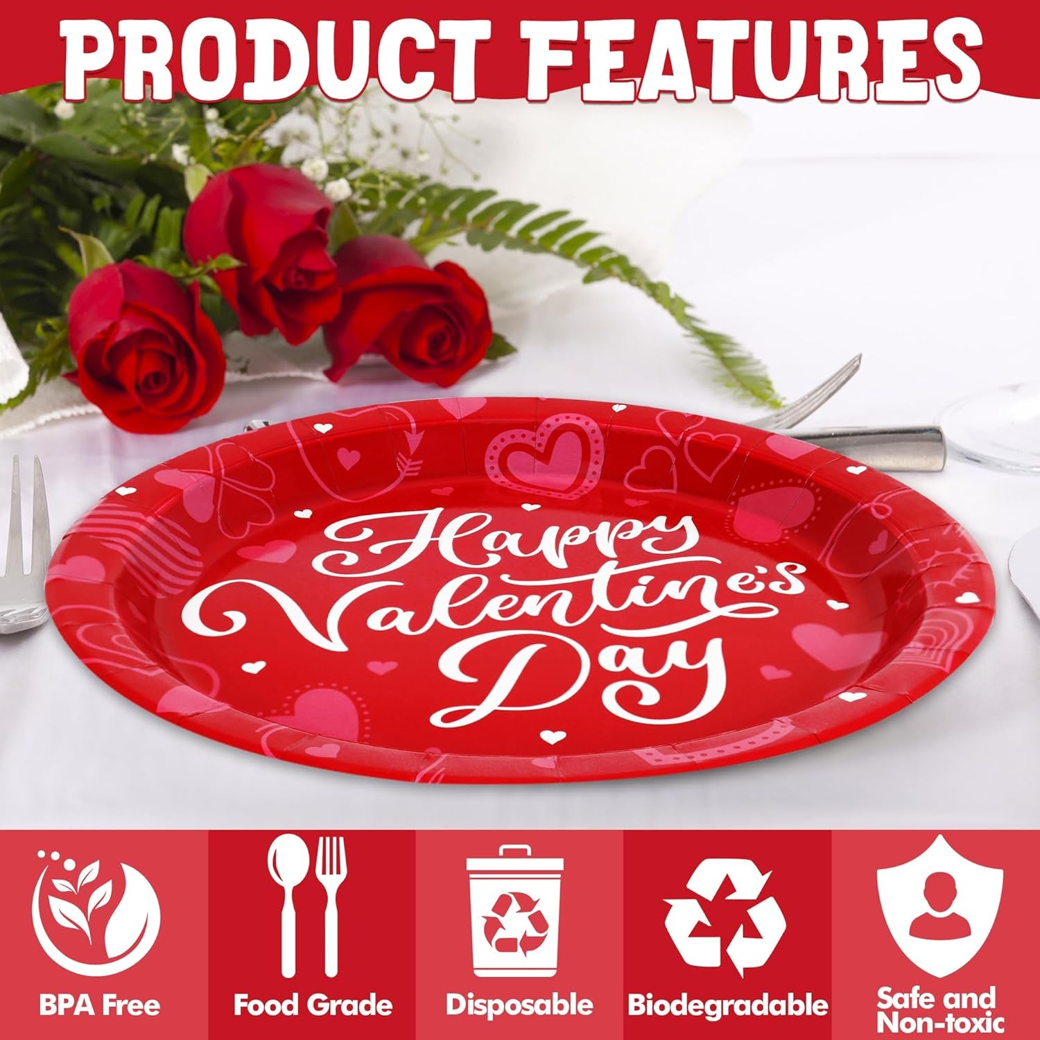 48 PCS Valentines Plates, 9 in Pink Red Color Heart Paper Plates, round Heart Love Design Valentines Day Plates Pink Party Plates, Disposable Pink Dinnerware for Valentines Anniversaries Wedding