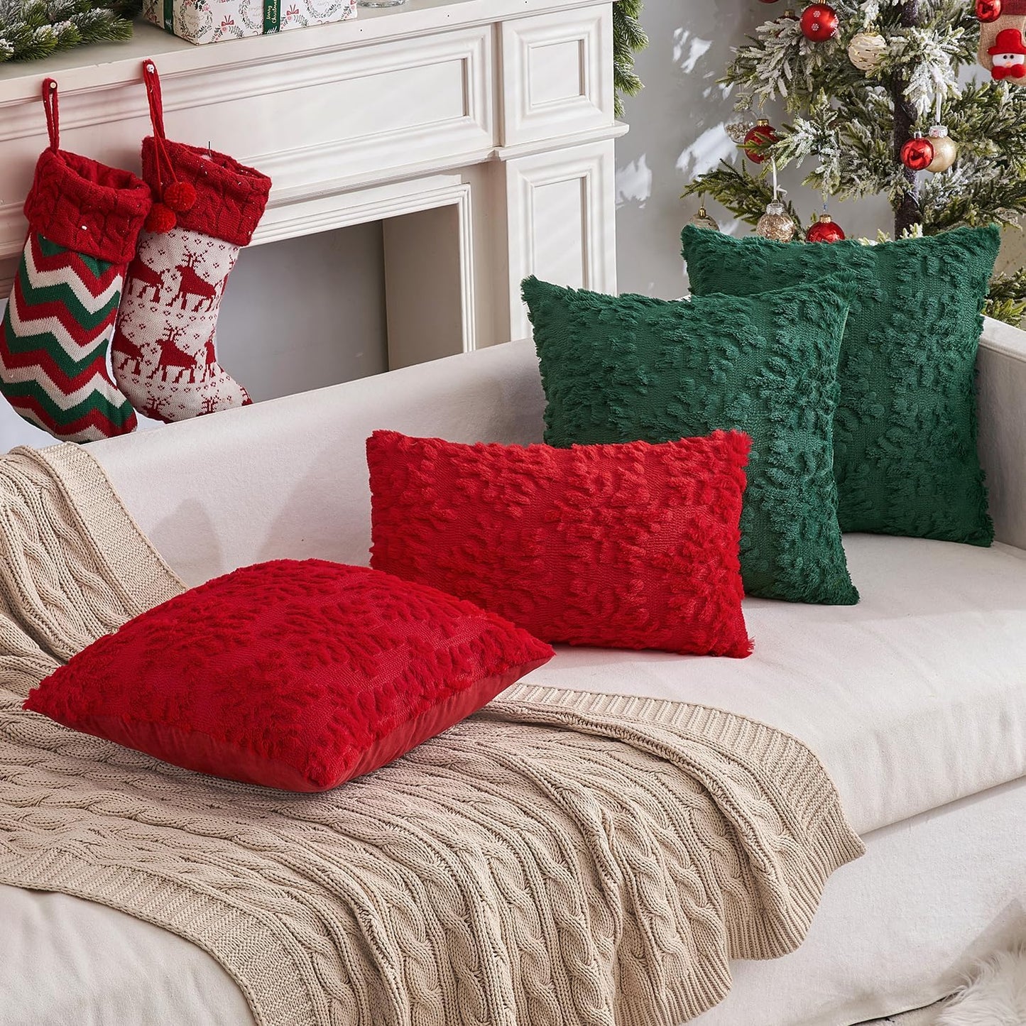 Christmas Red Throw Pillow Covers Snowflakes Decorative 18×18 Inch Faux Wool Winter Festival Couch Pillow Covers Set of 2 Farmhouse Holiday Home Decors for Sofa Livingroom Bed