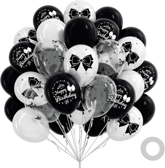 60Pcs Black Bow Balloons 12Inch with White Black Clear Bow Balloons for Coquette Black and White Birthday Party Decorations