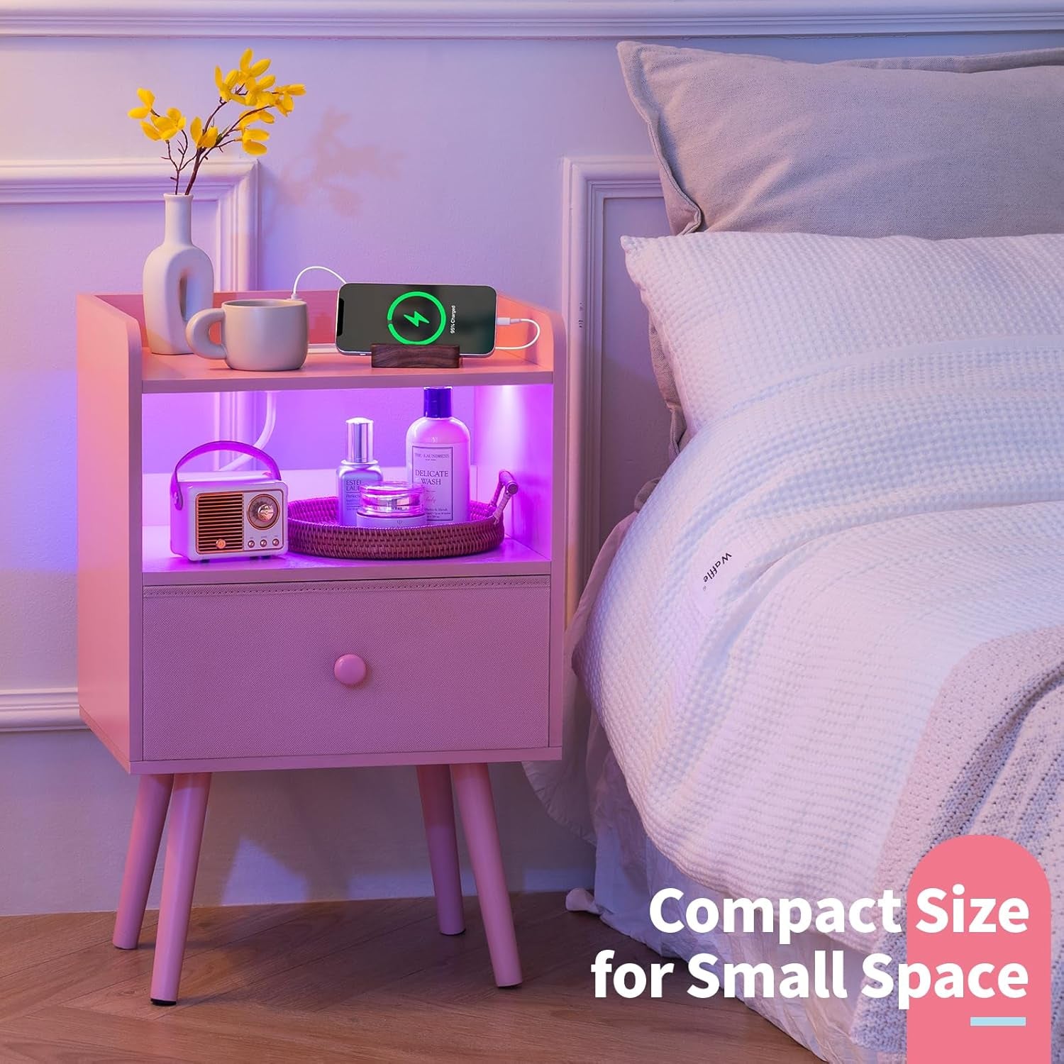 Nightstand with Charging Station, Modern Night Stand with LED Lights, Wood Nightstands with Fabric Drawer & Storage Shelf, Night Stands Bedside Table with USB Ports for Bedroom, Office, Home