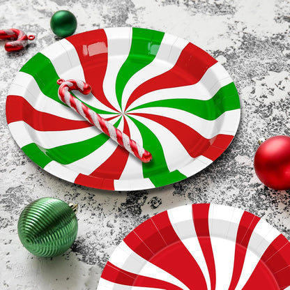 50 PCS Christmas Paper Plates, 9" Christmas Plates Disposable Party Set, 6 Designs Red White Green Candy Design Xmas Dinnerware, Xmas Tableware for Winter Ugly Sweater Party