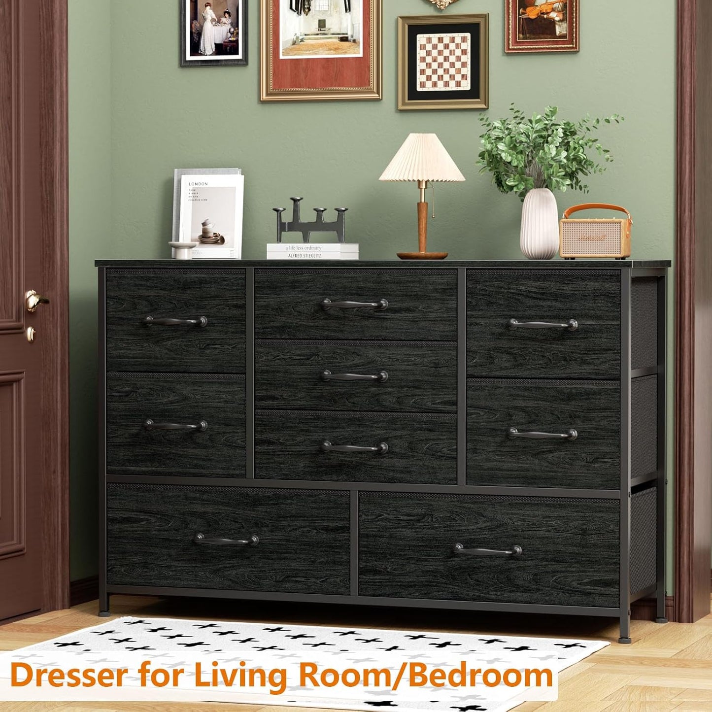 Bedroom Dresser with Nine Spacious Drawers - 55-Inch Long Chest TV Stand and Entertainment Center, Wood Shelf Storage Solution for Living Room, Dorm, Closet, and Entryway, Featuring a Sturdy Metal Frame in Black Oak
