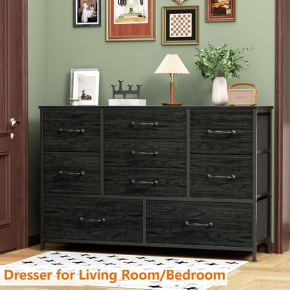 Bedroom Dresser with Nine Spacious Drawers - 55-Inch Long Chest TV Stand and Entertainment Center, Wood Shelf Storage Solution for Living Room, Dorm, Closet, and Entryway, Featuring a Sturdy Metal Frame in Black Oak