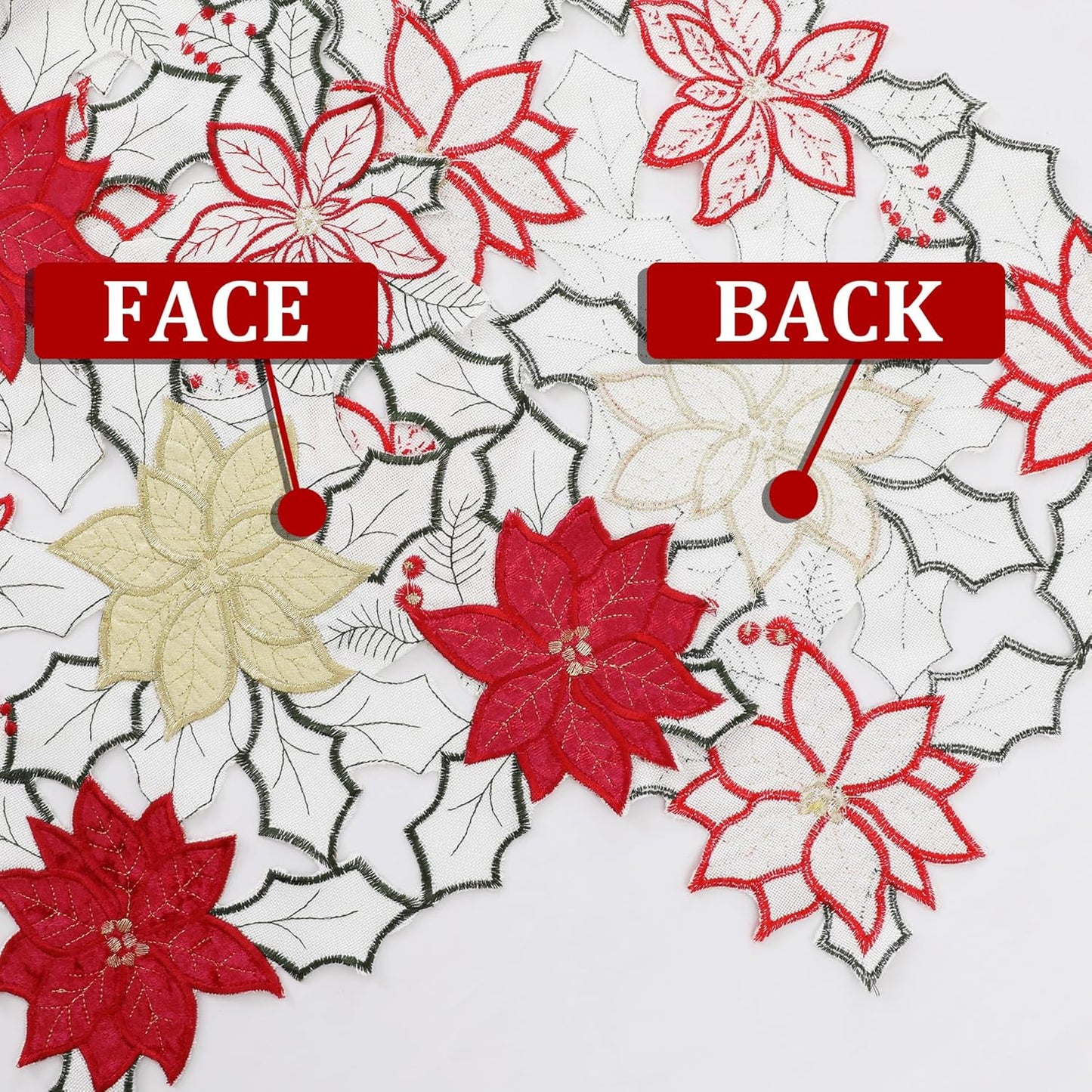 Christmas Linen Textured Table Runner 14X72 Inches Long, Embroidered Red Poinsettia Flower Table Runner for Christmas, Xmas Dresser Scarves Holiday Parties Kitchen Farmhouse Dinner Decor