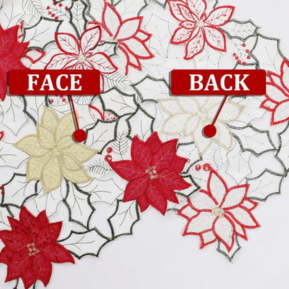 Christmas Linen Textured Table Runner 14X72 Inches Long, Embroidered Red Poinsettia Flower Table Runner for Christmas, Xmas Dresser Scarves Holiday Parties Kitchen Farmhouse Dinner Decor