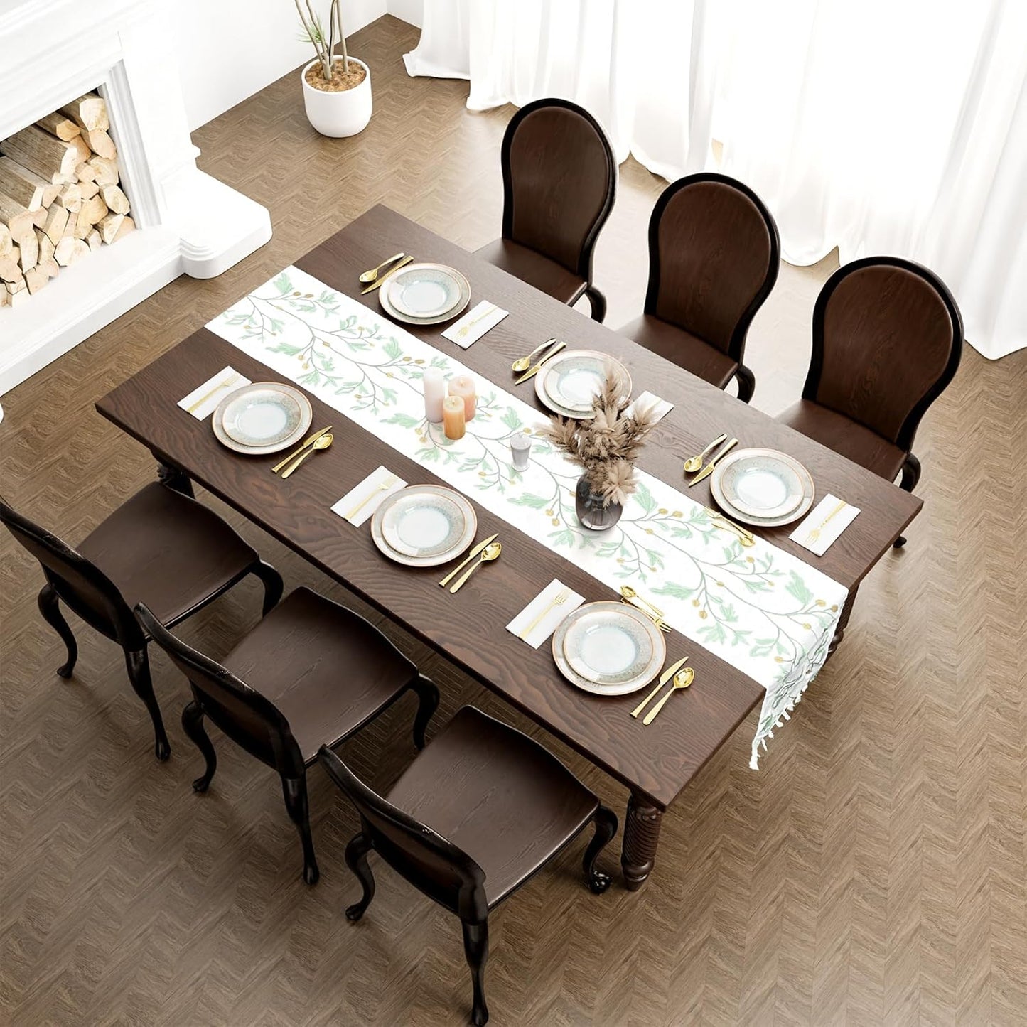 Boho Table Runner with Tassels,Burlap Table Runners 72 Inches Long Room Decor Aesthetic Rustic Farmhouse Summer Decorations for Living Room Green Tree Pattern (12X72 Inches)