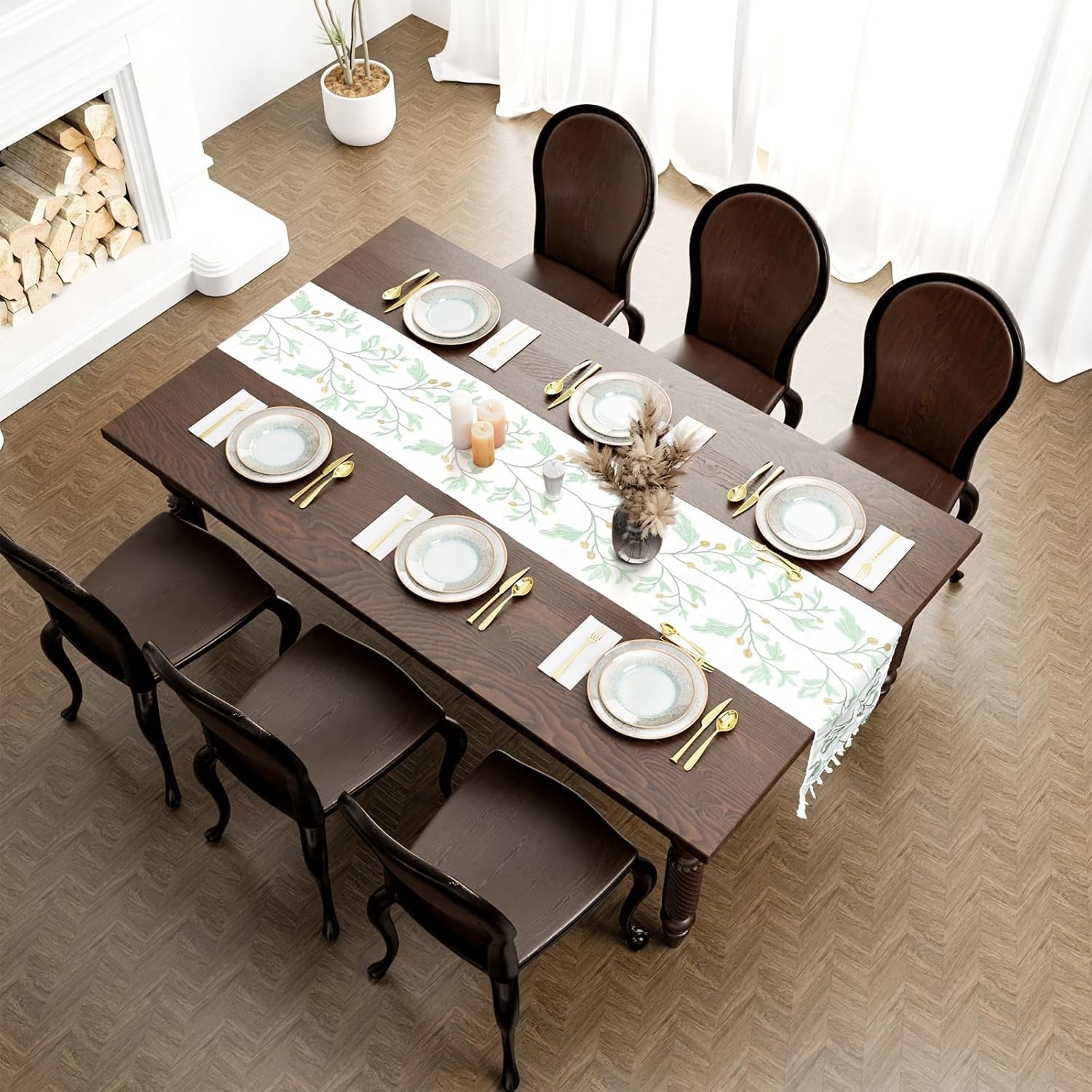 Boho Table Runner with Tassels,Burlap Table Runners 72 Inches Long Room Decor Aesthetic Rustic Farmhouse Summer Decorations for Living Room Green Tree Pattern (12X72 Inches)