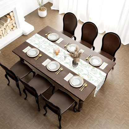 Boho Table Runner with Tassels,Burlap Table Runners 72 Inches Long Room Decor Aesthetic Rustic Farmhouse Summer Decorations for Living Room Green Tree Pattern (12X72 Inches)