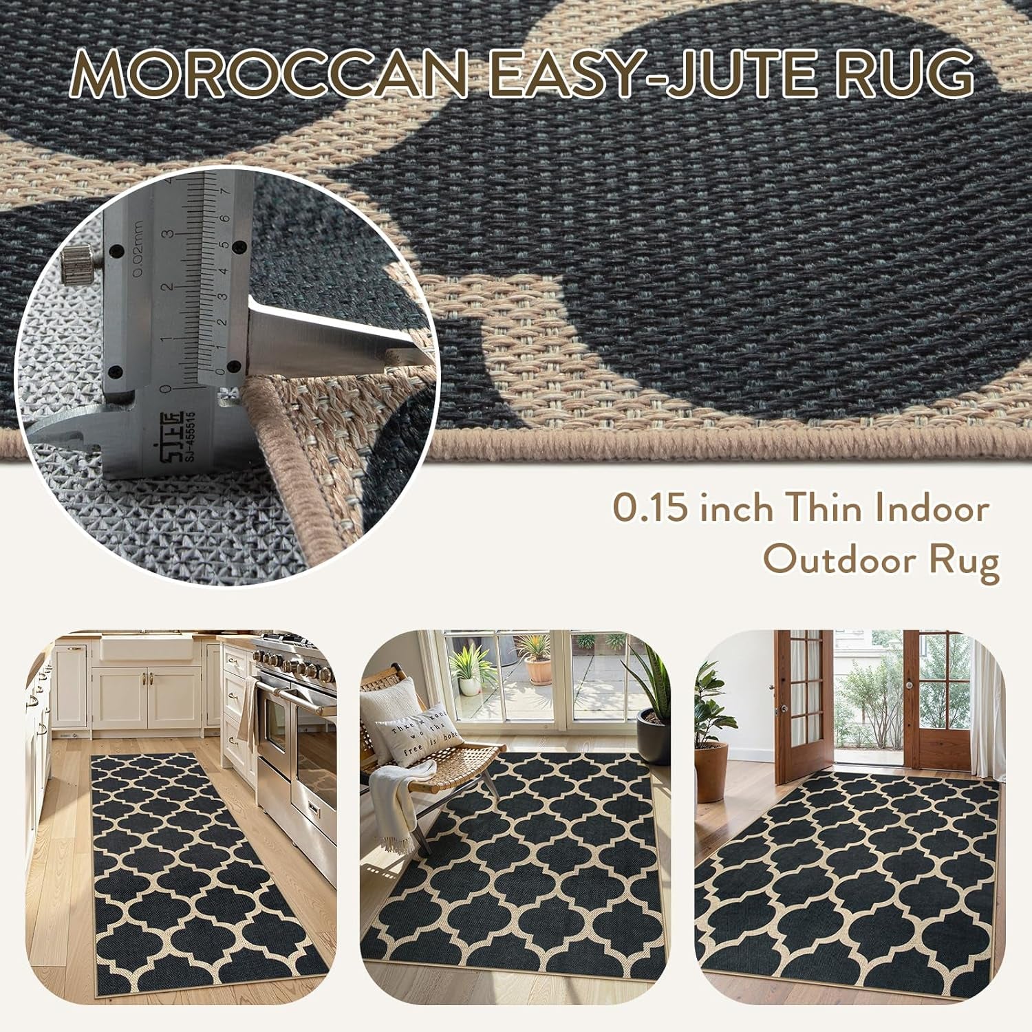 Moroccan Easy Jute Outdoor Entryway Rug, 3X5 Black Washable Front Porch Rugs for Balcony Bedroom, Farmhouse Trellis Neutral Thin Non Slip Small Carpet for Indoor Living Room Backyard Entrance