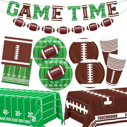 Football Party Supplies Football Themed Party Decorations Including Plates, Napkins, Cups, Banner and Tablecloth for Football Birthday Party Decorations, 24 Guests
