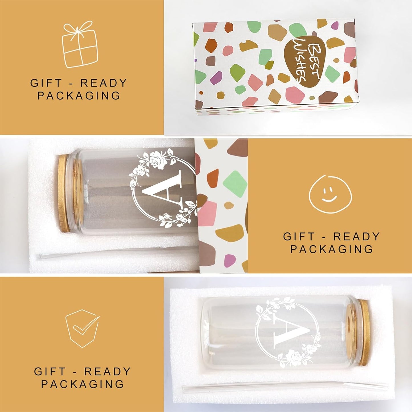 Birthday Gifts for Women, Monogrammed Initial Glass Cup Personalized Gifts for Women, 16Oz Glass Cups with Lids and Straws, Iced Coffee Cup, Beer Can Shaped Glass - Gifts for Christmas, Birthday, A