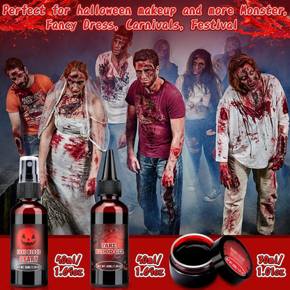 Halloween Fake Blood Makeup Kit, 3PCS Realistic Washable Costume Blood Set (1.69Oz Spray + 1.69Oz Dripping + 1.01Oz Coagulated ) for Zombie Vampire SFX, Dark Coagulated & Fresh Spray Effects