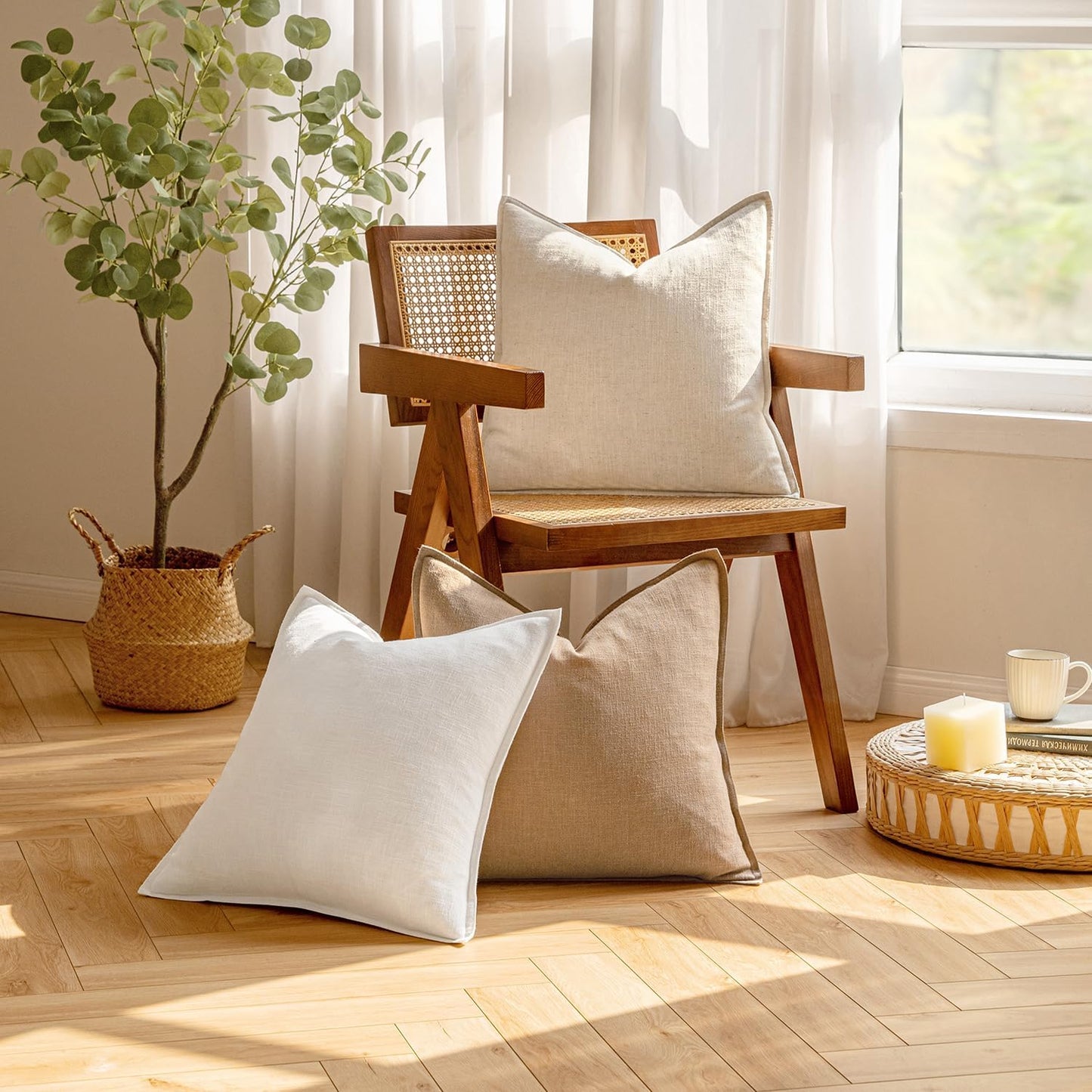 Set of 2 18x18 Inch Decorative Linen Pillow Covers in Brick - Soft Neutral Throw Pillowcases for Couch, Sofa, and Bed Home Décor