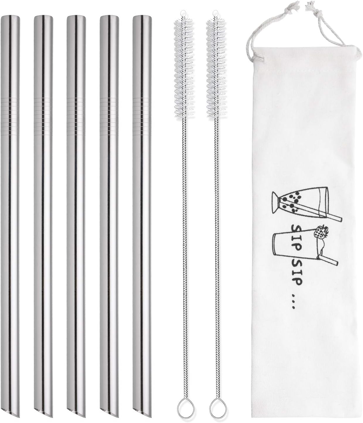5 Pcs 10" Reusable Bubble Tea & Smoothie Straws, Stainless Steel, Angled Tips, 0.5" Wide, Cleaning Brushes