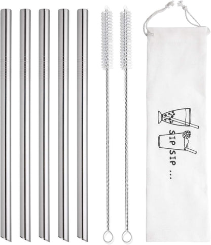 5 Pcs 10" Reusable Bubble Tea & Smoothie Straws, Stainless Steel, Angled Tips, 0.5" Wide, Cleaning Brushes