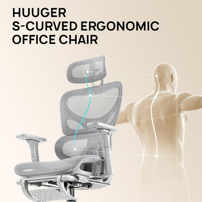 Ergonomic Mesh Office Chair with Footrest and Lumbar Support, Adjustable Gaming Chair with Multi-Tilt Backrest, Headrest, and 3D Armrests, Sturdy Steel Base, Grey