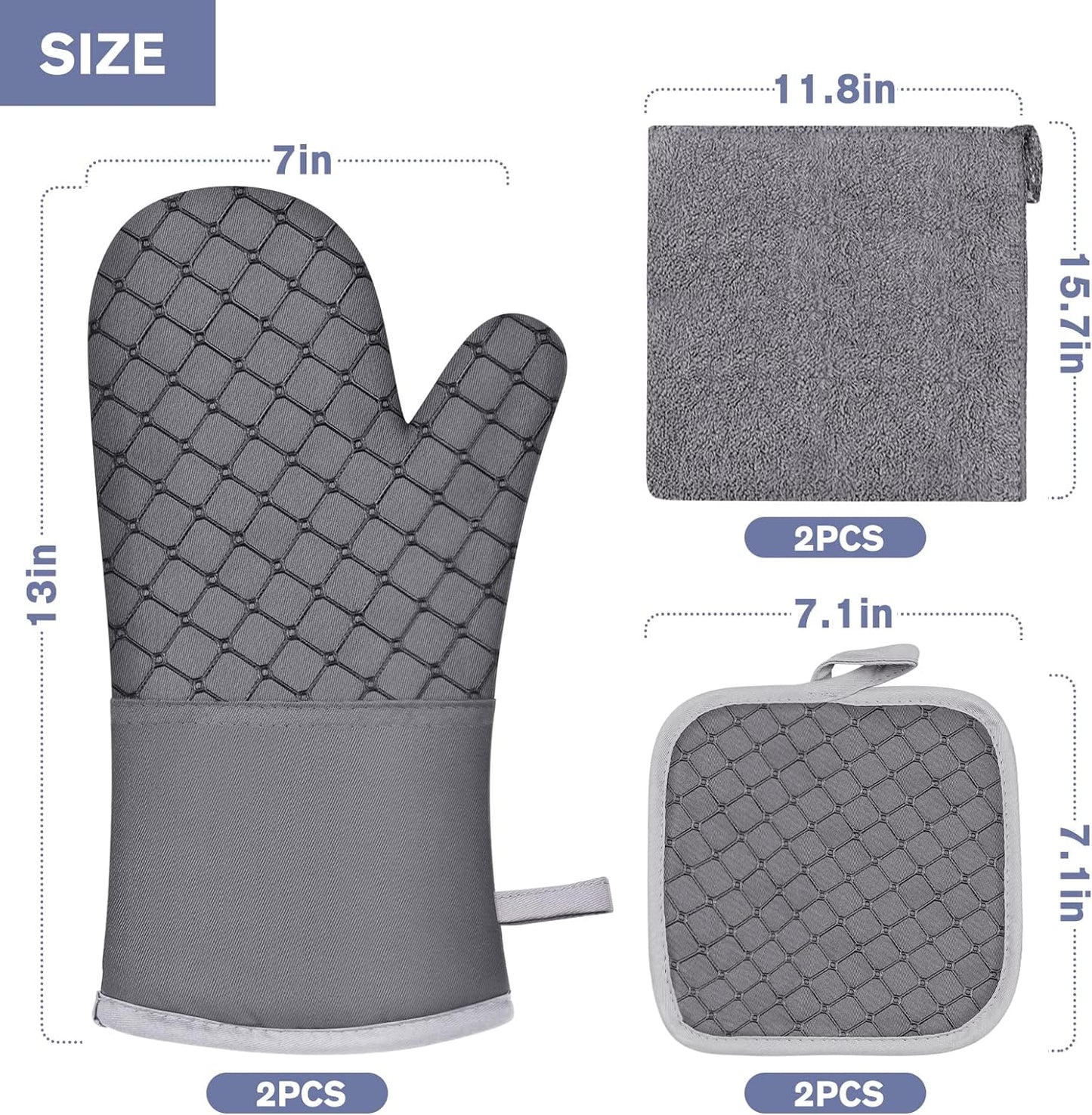 6-Piece Heat-Resistant Oven Mitts and Pot Holders Set with Soft Cotton Lining and Non-Slip Silicone Surface for Safe Baking, Cooking, and BBQ (Grey)