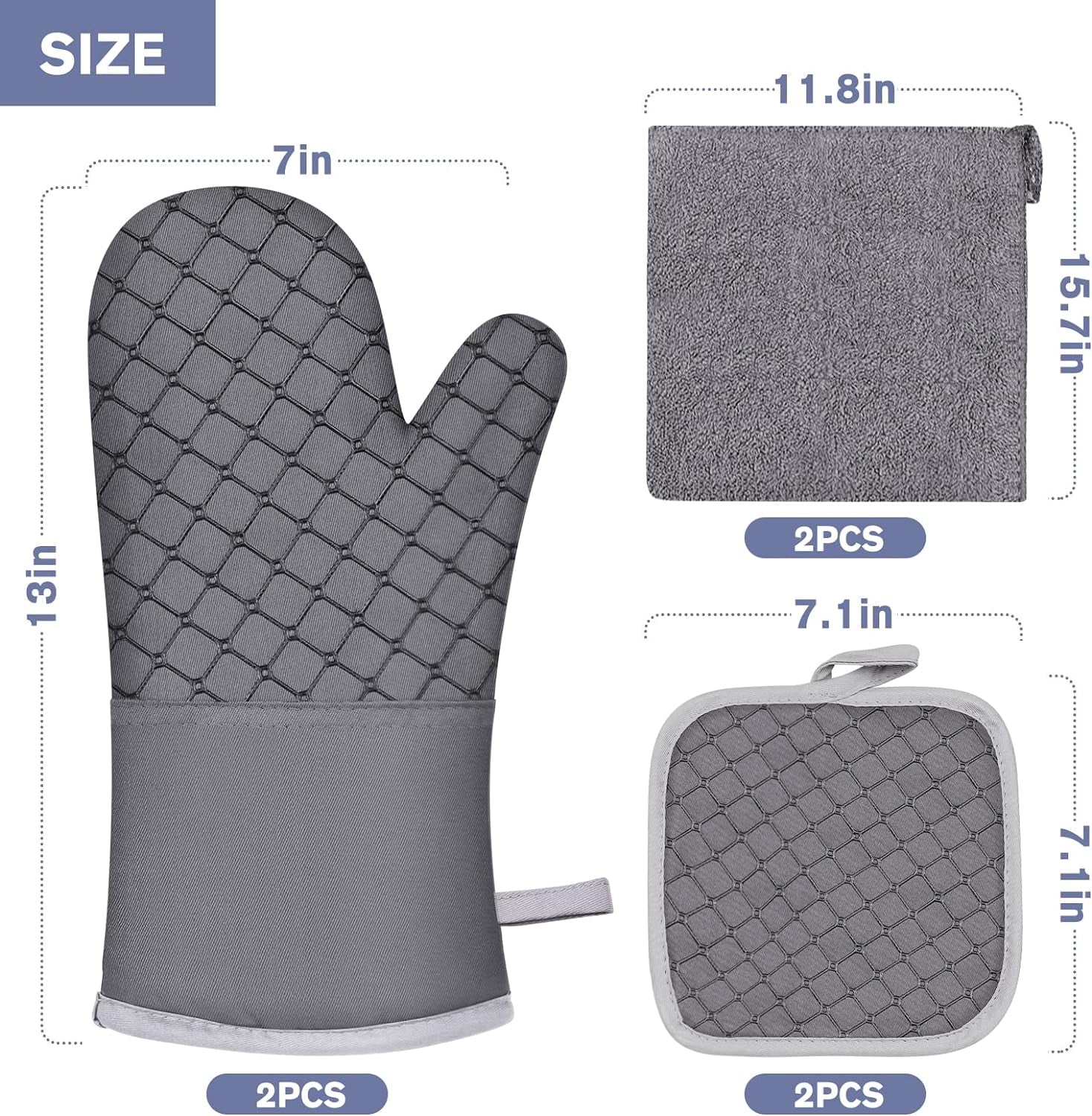 6-Piece Heat-Resistant Oven Mitts and Pot Holders Set with Soft Cotton Lining and Non-Slip Silicone Surface for Safe Baking, Cooking, and BBQ (Grey)