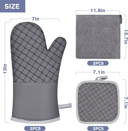 6-Piece Heat-Resistant Oven Mitts and Pot Holders Set with Soft Cotton Lining and Non-Slip Silicone Surface for Safe Baking, Cooking, and BBQ (Grey)