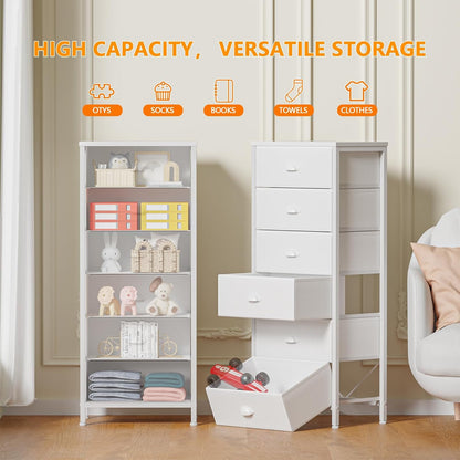 White Vertical Tall Dresser with 6 Fabric Drawers - Versatile Storage Tower and Nightstand for Bedroom, Living Room, Closet, Entryway, and Hallway