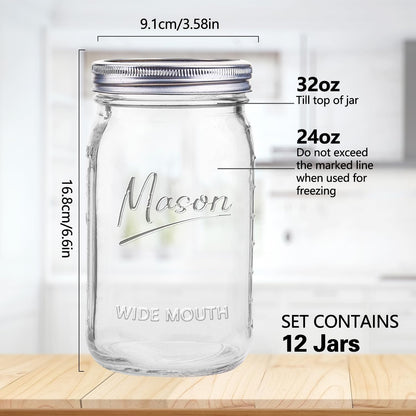 Mason Jars 32 Oz,12 Pack Quart Wide Mouth Mason Jar with Airtight Lids,Glass Canning Jars for Fermenting, Pickling,Meal Prep,Overnight Oats & Centerpieces