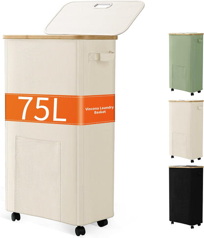 Laundry Basket with Wheels, Dirty Clothes Hamper on Wheels, Rolling Tall Laundry Hamper with Lid for Laundry Room, Dorm and Bathroom, 75L Beige