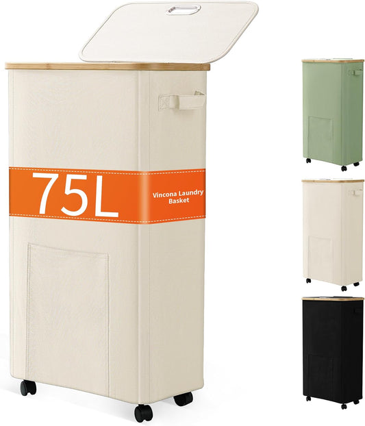 Laundry Basket with Wheels, Dirty Clothes Hamper on Wheels, Rolling Tall Laundry Hamper with Lid for Laundry Room, Dorm and Bathroom, 75L Beige