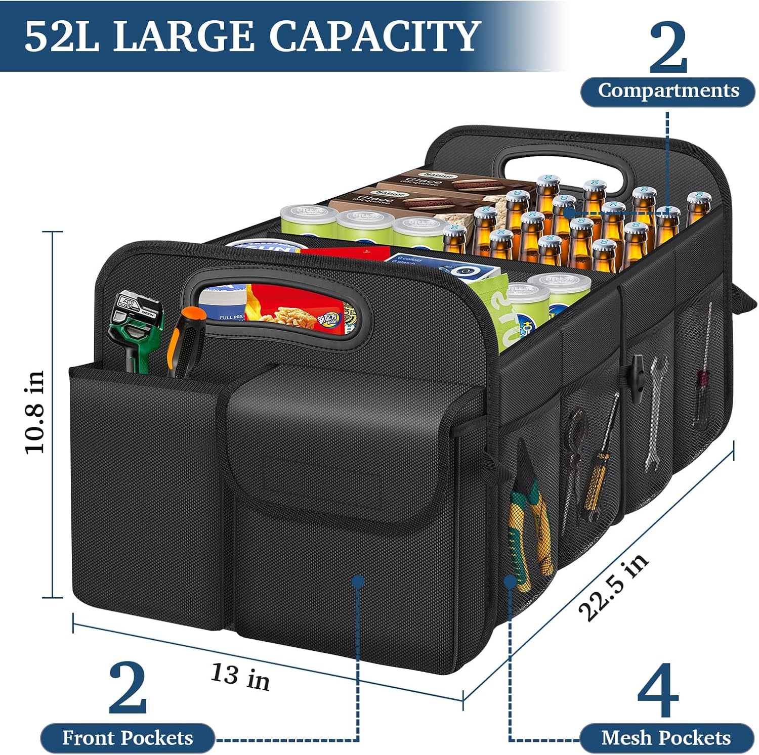 Car Trunk Organizer with Large Capacity Waterproof Car Accessories for Women & Men, Collapsible Trunk Organizer for Suv/Jeep/Sedan (Black, Standard)