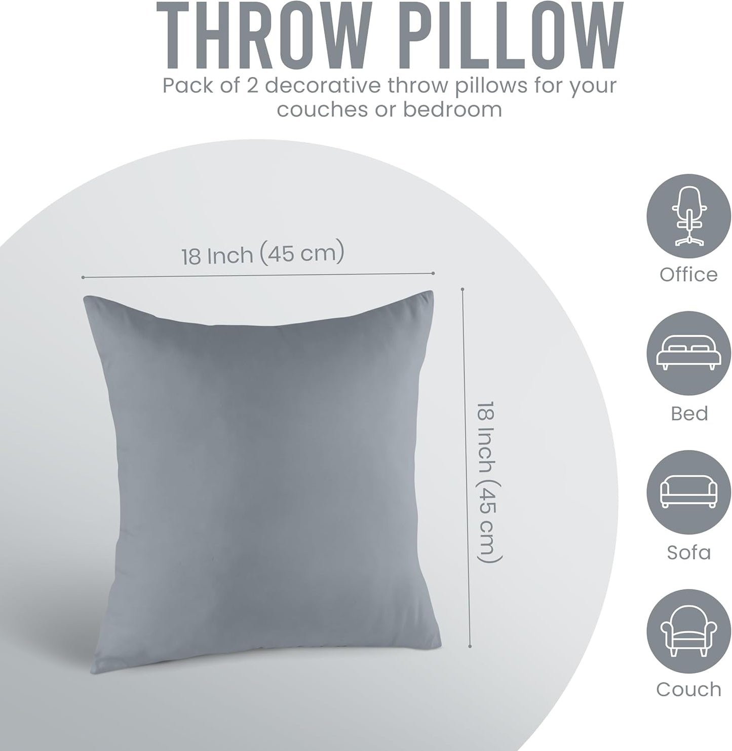Throw Pillows Insert (Pack of 2, Grey) - 18 X 18 Inches Bed and Couch Pillows - Indoor Decorative Pillow
