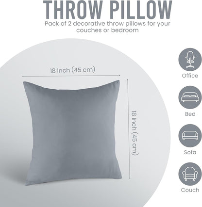 Throw Pillows Insert (Pack of 2, Grey) - 18 X 18 Inches Bed and Couch Pillows - Indoor Decorative Pillow