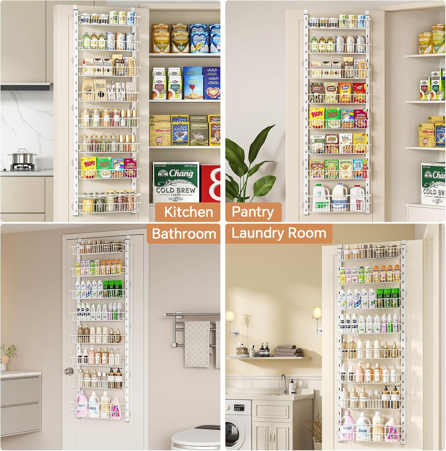 over the Door Pantry Organizer, 8-Tier Adjustable Spice Rack Cabinet Door Shelves, Hanging Seasoning Organizer for Kitchen Bathroom, Laundry Room Organization, White