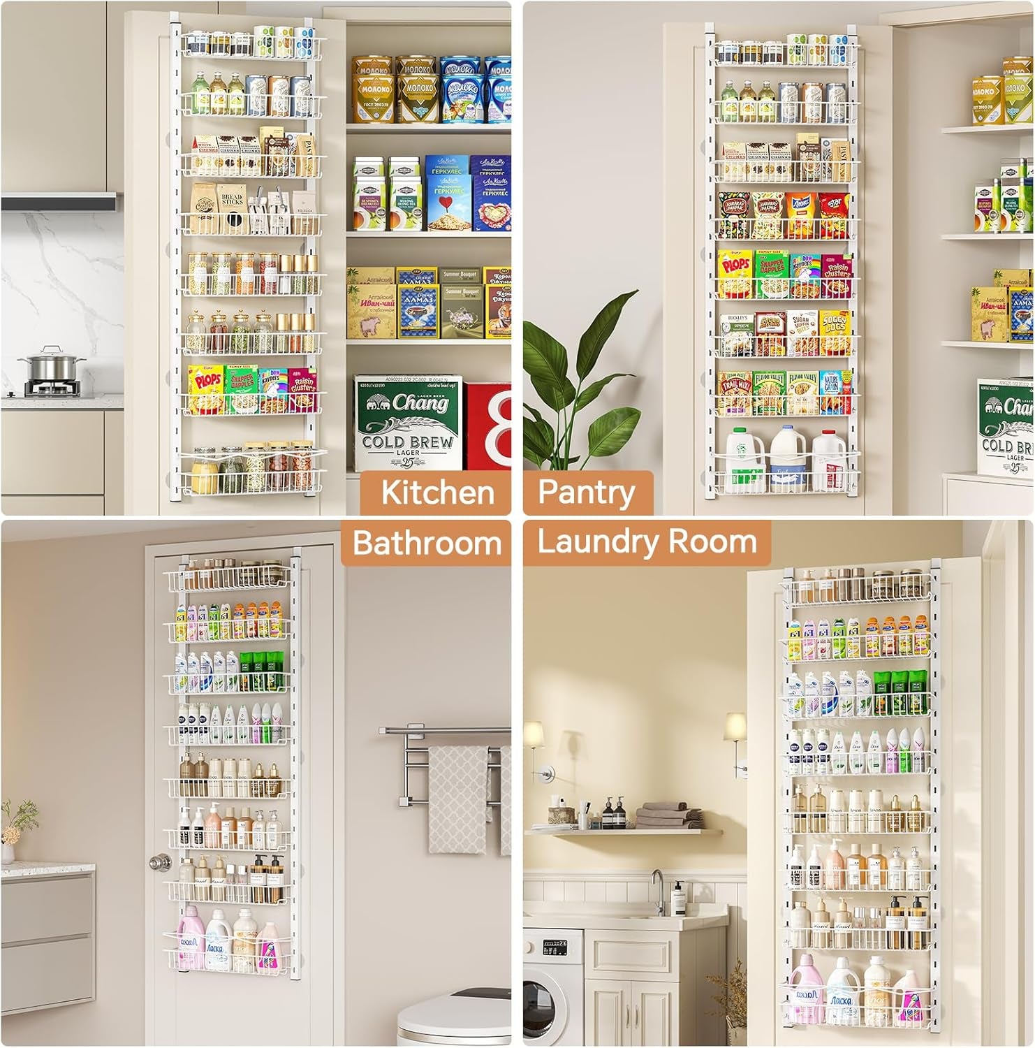 over the Door Pantry Organizer, 8-Tier Adjustable Spice Rack Cabinet Door Shelves, Hanging Seasoning Organizer for Kitchen Bathroom, Laundry Room Organization, White