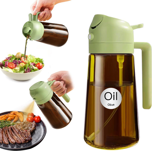 16Oz/470Ml Light Blocking Oil Sprayer for Cooking with Stickers, Food-Grade 2 in 1 Olive Oil Dispenser Bottle for Kitchen, Premium Dark Amber Glass Oil Bottle for Air Fryer, Bbq(Green)