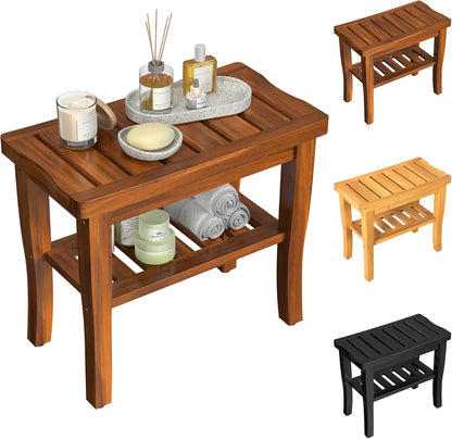 Teak Wood Shower Bench Stool with Storage Shelf, Wooden Waterproof Bathroom Spa Bathing Teak Shower Stool with Non-Slip Feet Gadget 2024 for Indoor or Outdoor Shower Chair Seat Organizer