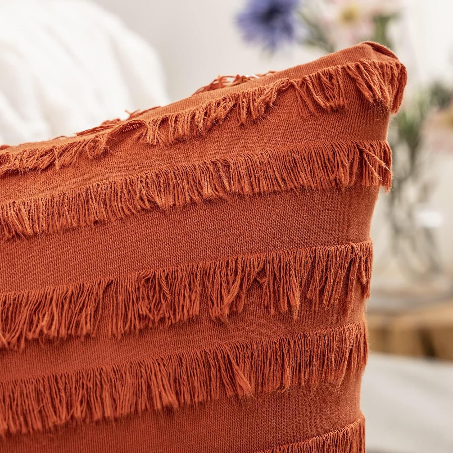 Set of 2 Fall Decorative Boho Throw Pillow Covers Linen Striped Jacquard Pattern Cushion Covers for Sofa Couch Living Room Bedroom 18X18 Inch Burnt Orange