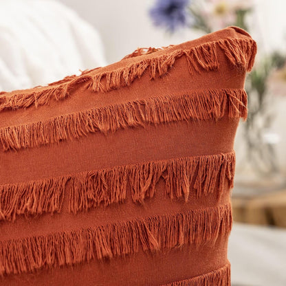 Set of 2 Fall Decorative Boho Throw Pillow Covers Linen Striped Jacquard Pattern Cushion Covers for Sofa Couch Living Room Bedroom 18X18 Inch Burnt Orange