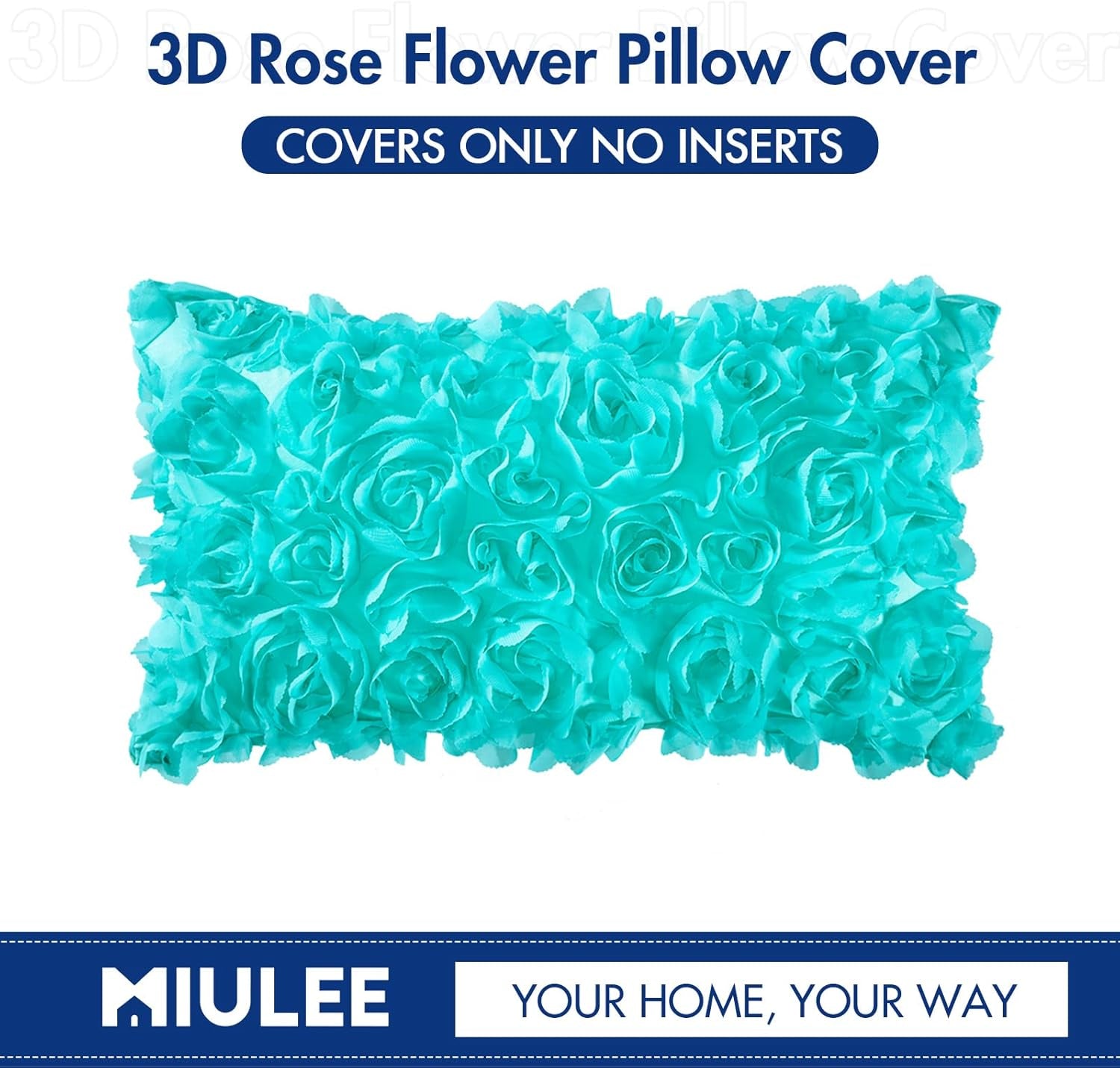 3D Decorative Romantic Valentines Stereo Chiffon Rose Flower Throw Pillow Cover Solid Pillowcase for Girl Women Wedding Sofa Bedroom Car Spring Decor 12X20 Inch 30X50Cm Aqua