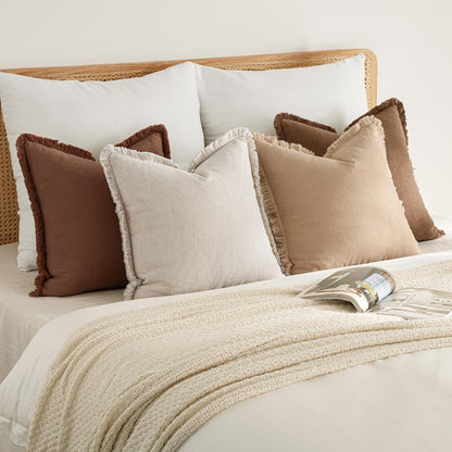 Set of 4 Fall Decorative Couch Pillow Covers in Neutral Linen with Fringe - Rustic Boho Farmhouse Accent Cushions for Living Room and Home Decor, 18x18 Inches, Beige/Brown