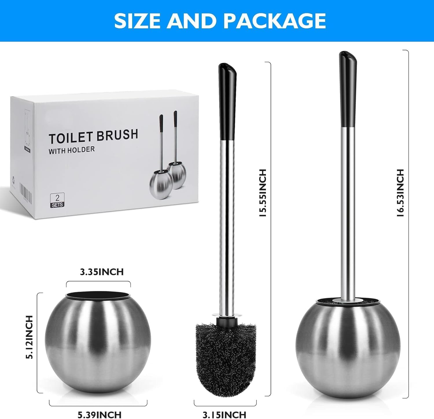 Toilet Brush and Holder Set, 304 Stainless Steel with Ergonomic Extended Handle - Durable and Practical Bathroom Cleaning Solution
