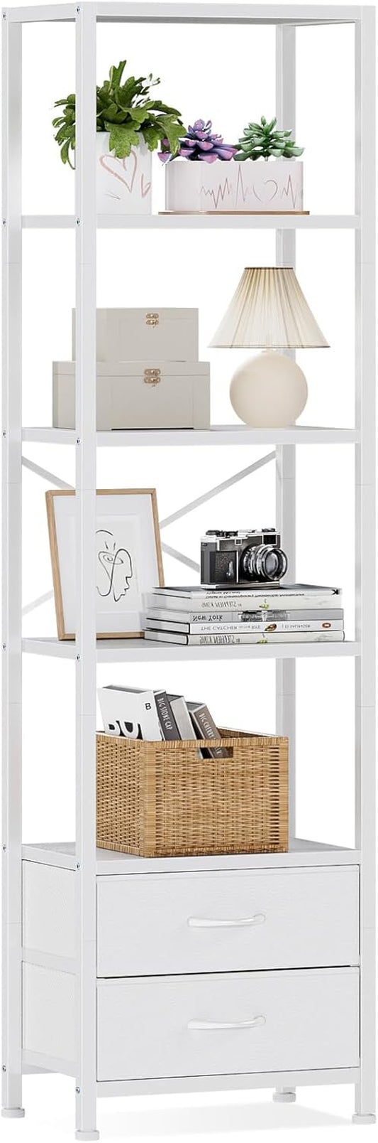 5-Tier Corner Shelf with 2 Storage Drawers, Tall Wood Display Bookcase and Organizer Unit for Living Room and Bedroom, Metal Frame (White)