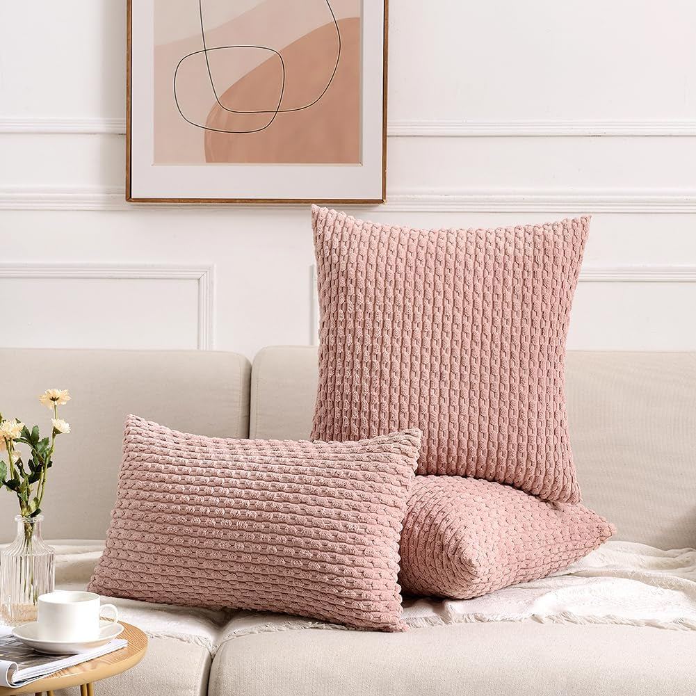 Set of 2 Pink Lumbar Decorative Throw Pillow Covers 12X20 Inch for Couch Living Room Bed Sofa, Modern Farmhouse Boho Home Decor, Soft Plush Corduroy Rectangle Cushion Case 30X50 Cm